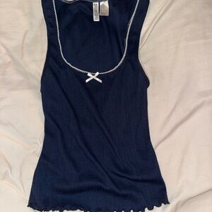 H&M Navy Ribbed Tank with White Trim and Bow